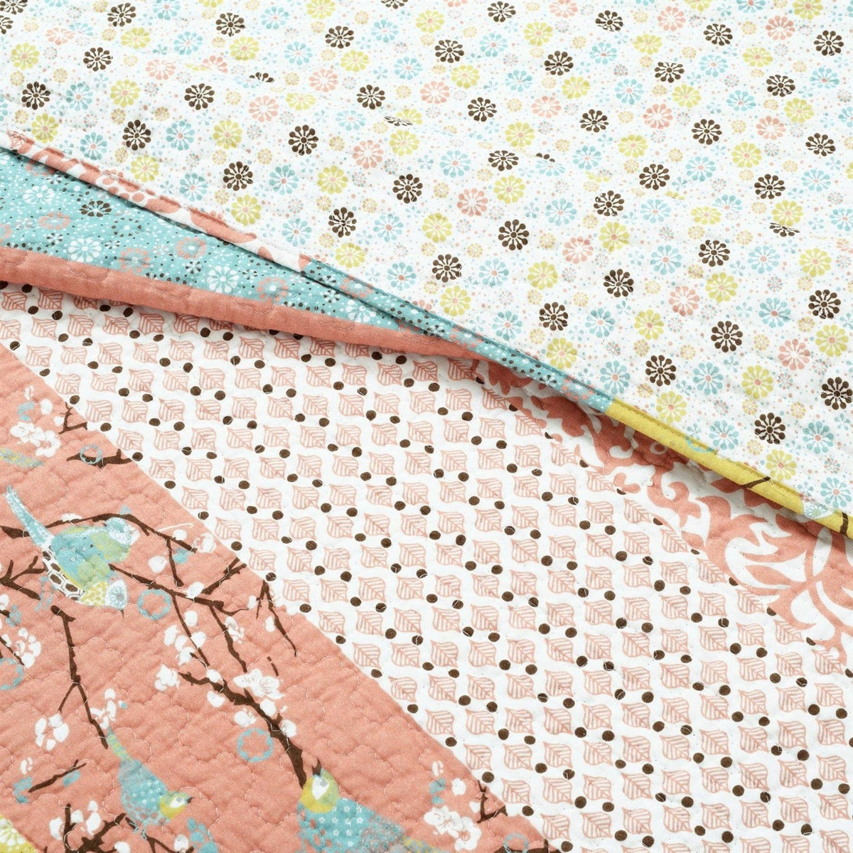 King size Blue Yellow Pink Ivory Boho Floral Reversible Lightweight Quilt Set
