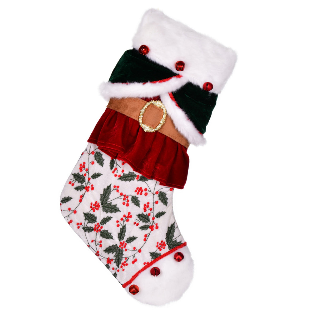 21 Inch  Holly Berry Velvet Belt Stocking