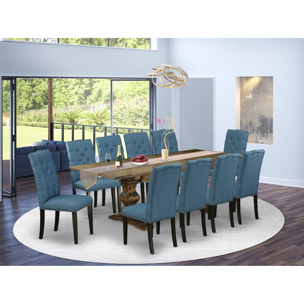 East West Furniture Lael117121 11Piece Mid Century Modern Dining Set Contains A Dining Table And 10 Mineral Blue Linen Fabric