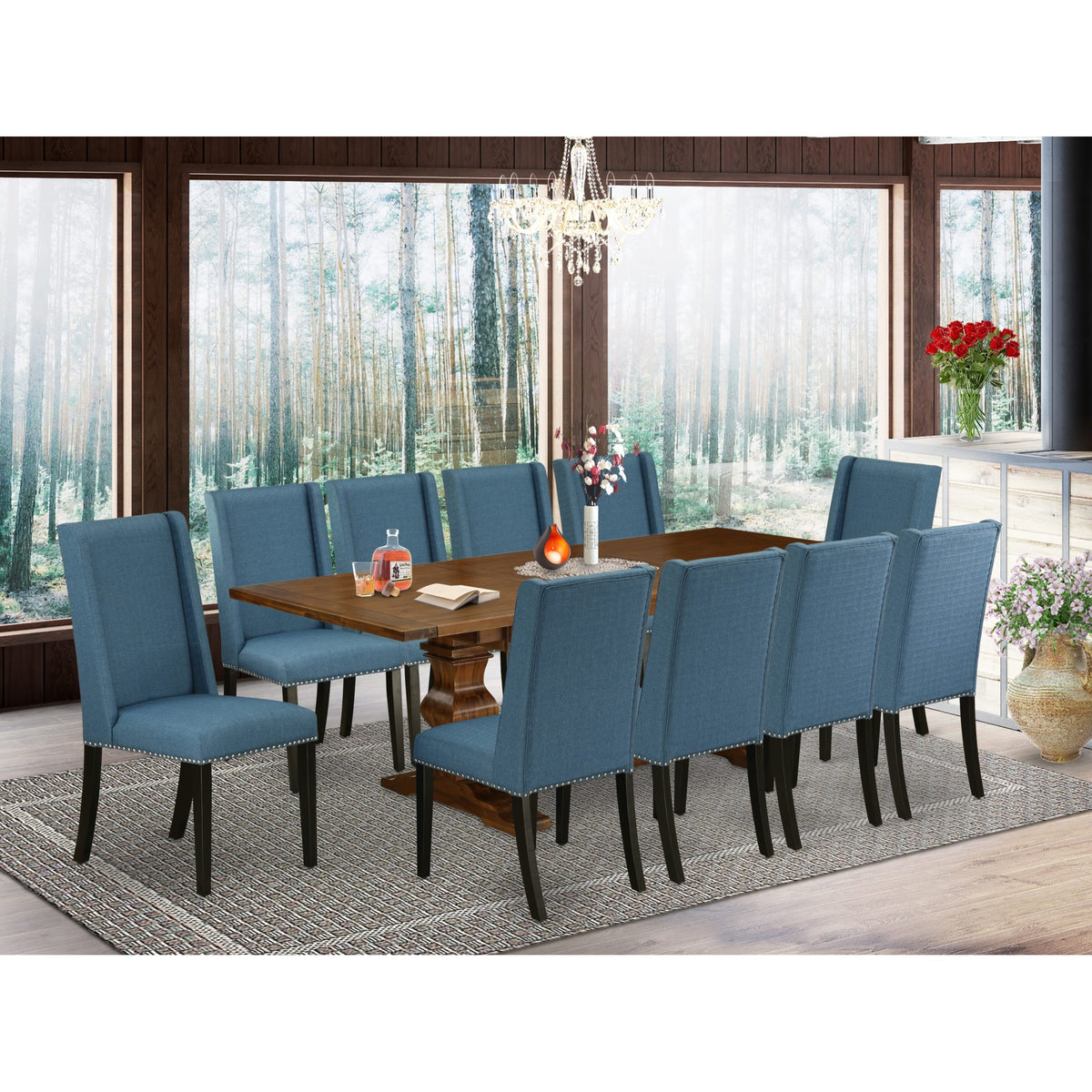 East West Furniture Lafl118121 11Pieces Dining Set  A Butterfly Leaf Double Pedestal Modern Dining Table And 10 Blue Linen F