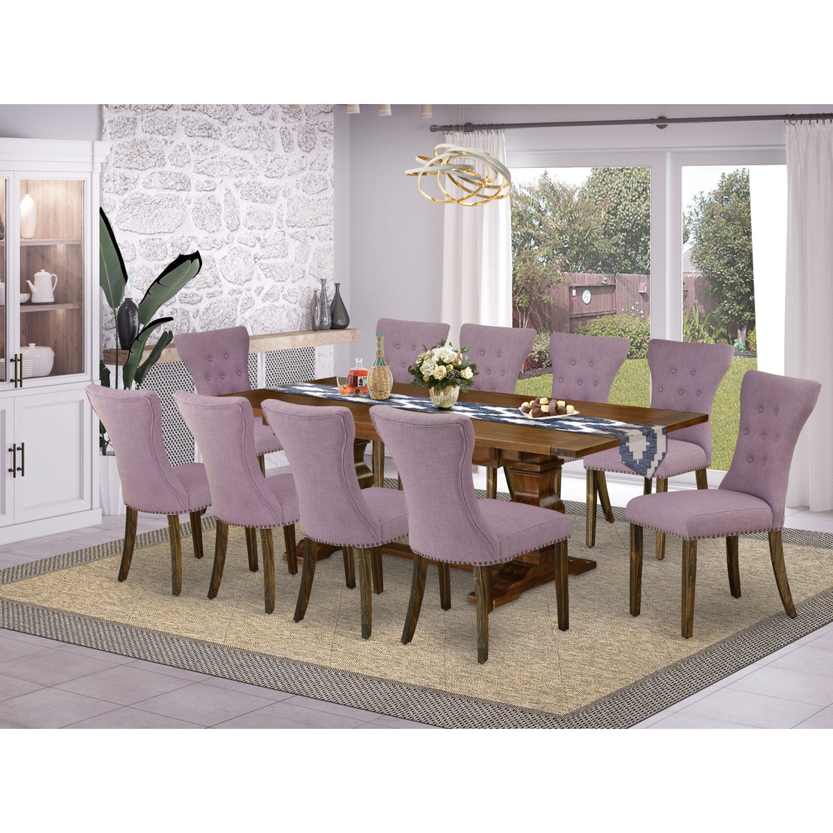 East West Furniture Laga118740 11Pc Dining Table Set  A Butterfly Leaf Double Pedestal Kitchen Table And 10 Dahlia Linen Fab