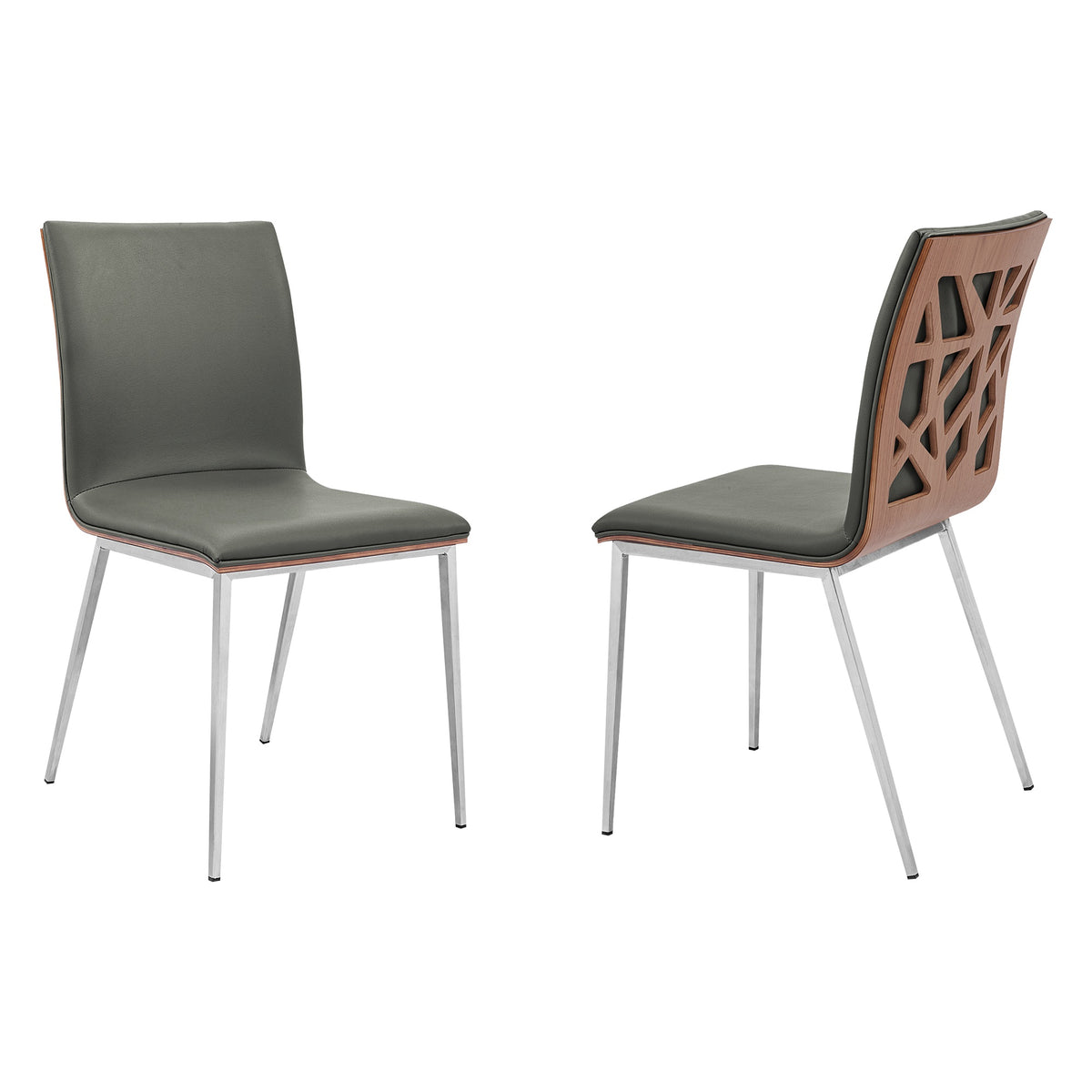 Armen Living Crystal Dining Chair In Brushed Stainless Steel Finish With Grey Faux Leather And Walnut Back  Set Of 2
