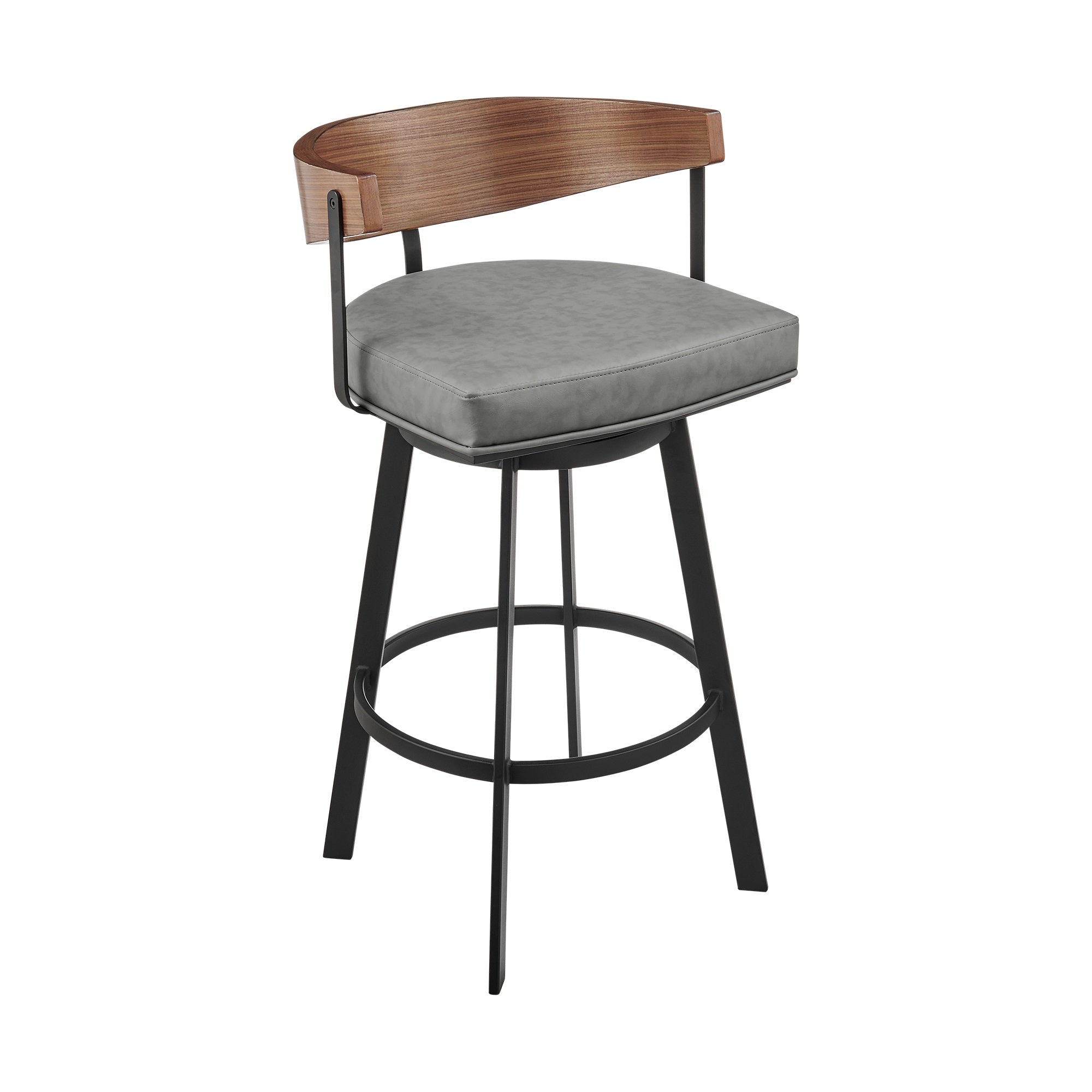 Lacey Swivel Counter or Bar Stool in Black Iron with Wood and Faux Leather