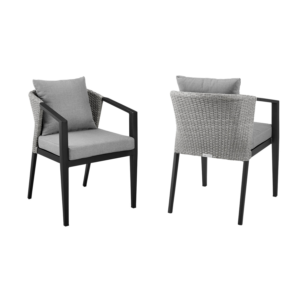 Palma Outdoor Patio Dining Chairs in Aluminum and Wicker with Grey Cushions - Set of 2