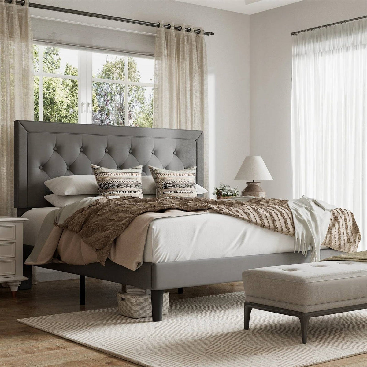 Full size Grey Linen Upholstered Platform Bed Frame with Button-Tufted Headboard