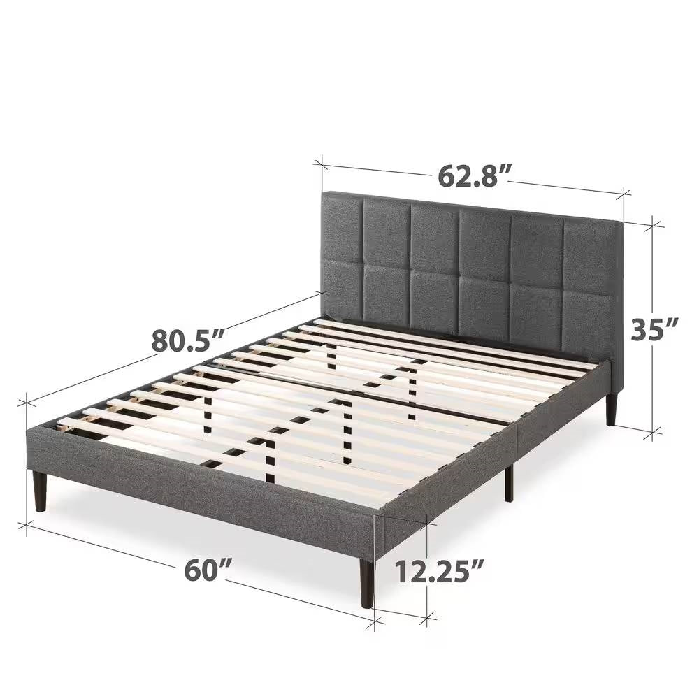 Queen size Grey Upholstered Platform Bed Frame with Padded Headboard