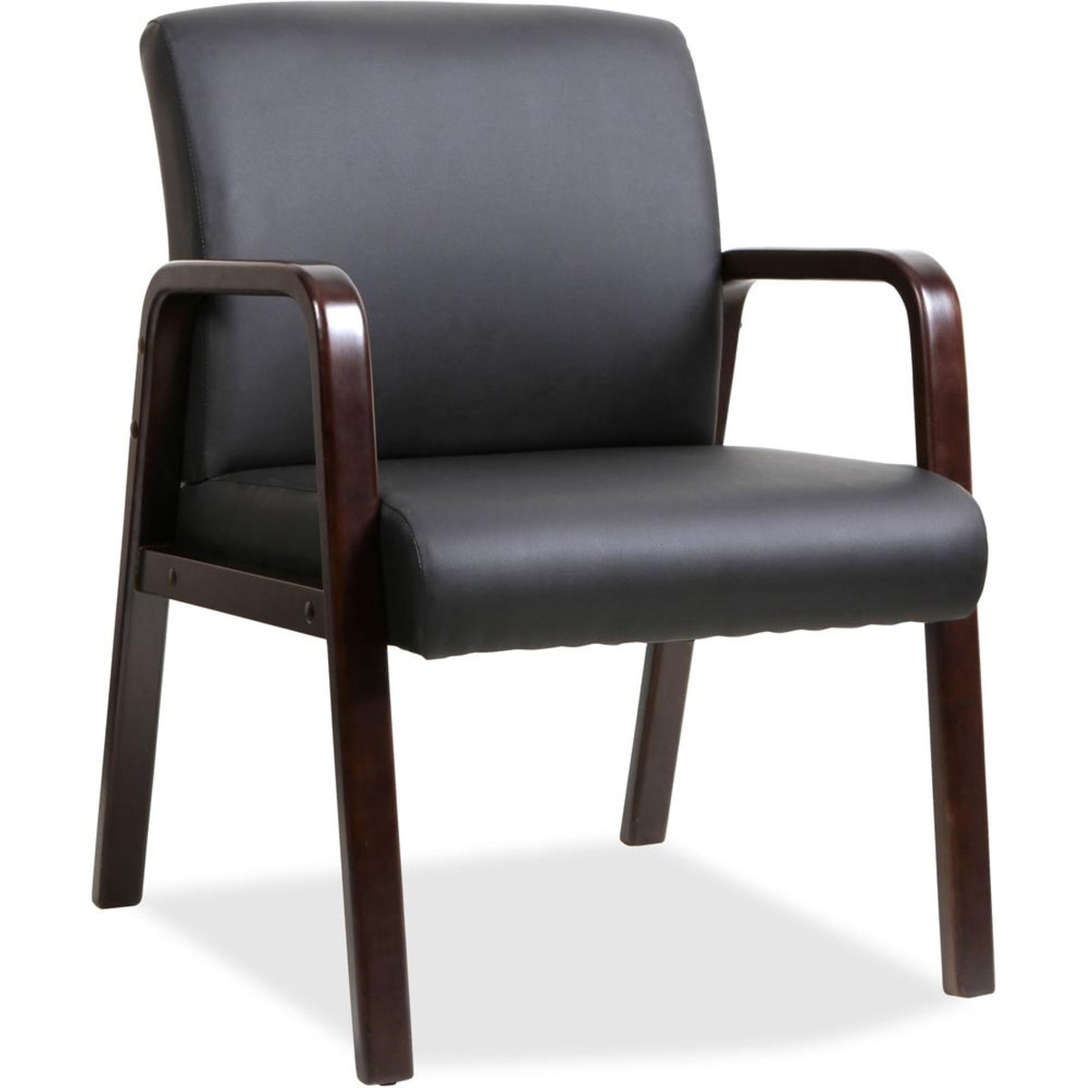 Lorell Guest Chair  Black Bonded Leather Seat  Black Bonded Leather Back  Espresso Solid Wood Frame  Fourlegged Base  Armr