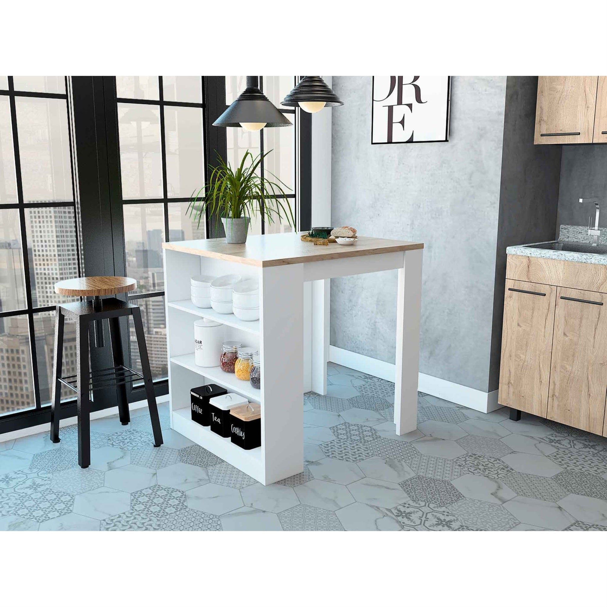TUHOME Kitchen Counter Dining Table Tanna, Countertop Table, Two Legs, Three Lateral Shelves, Countertop Table, White, For Kitch