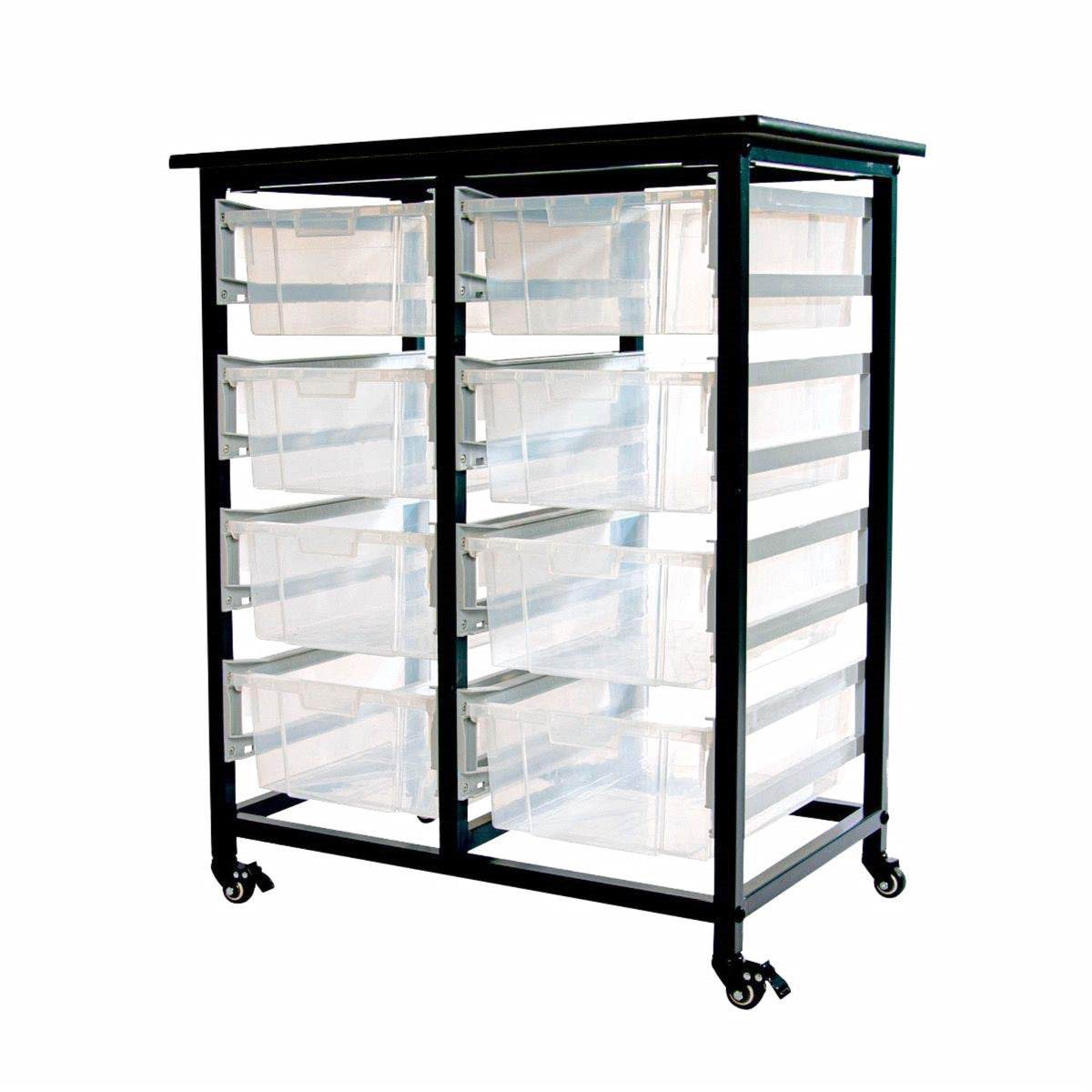 Ergode Double Row Mobile Bin Storage Unit With Large Clear Bins