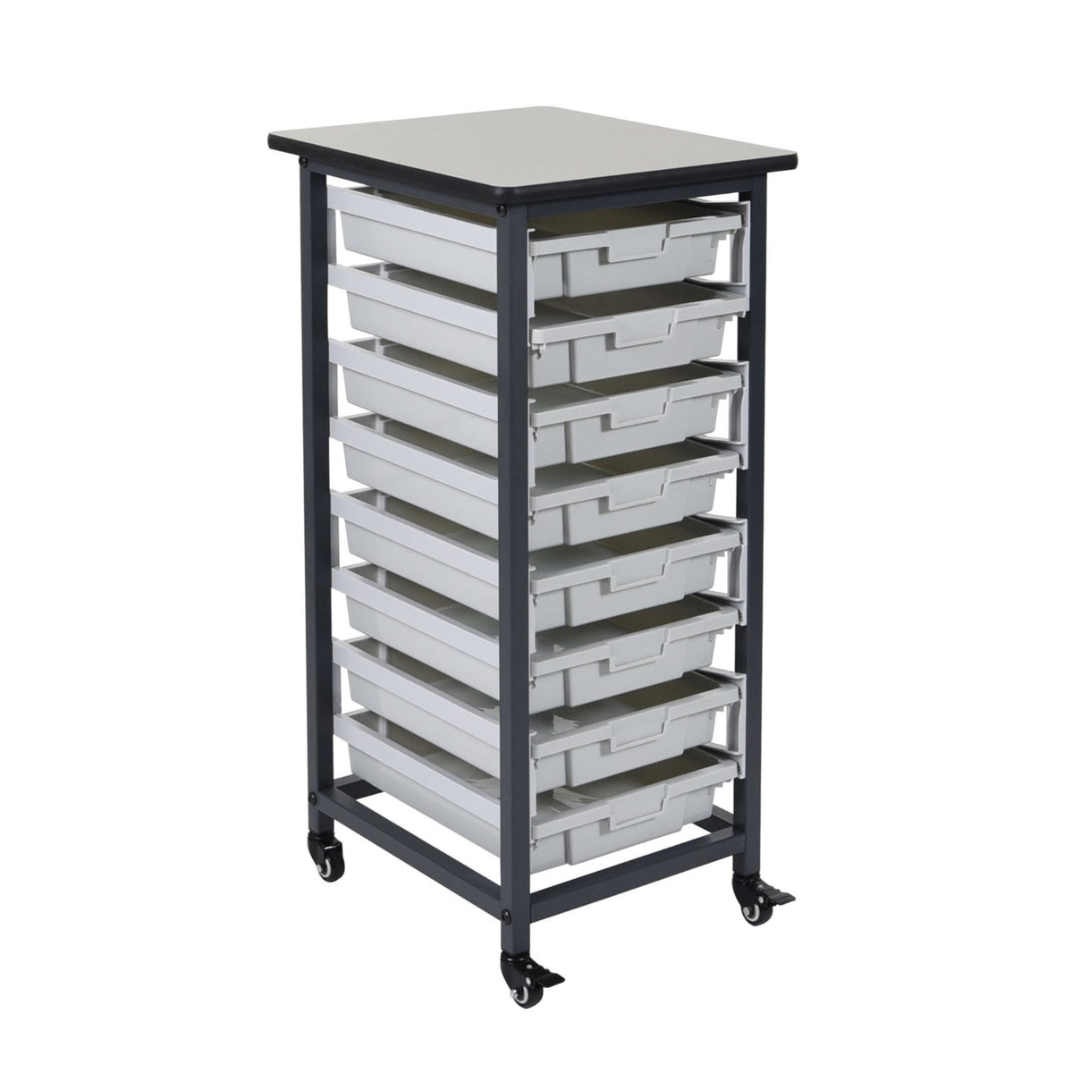 Ergode Single Row Mobile Bin Storage Unit With Eight 3 Inch  Polypropylene Bins