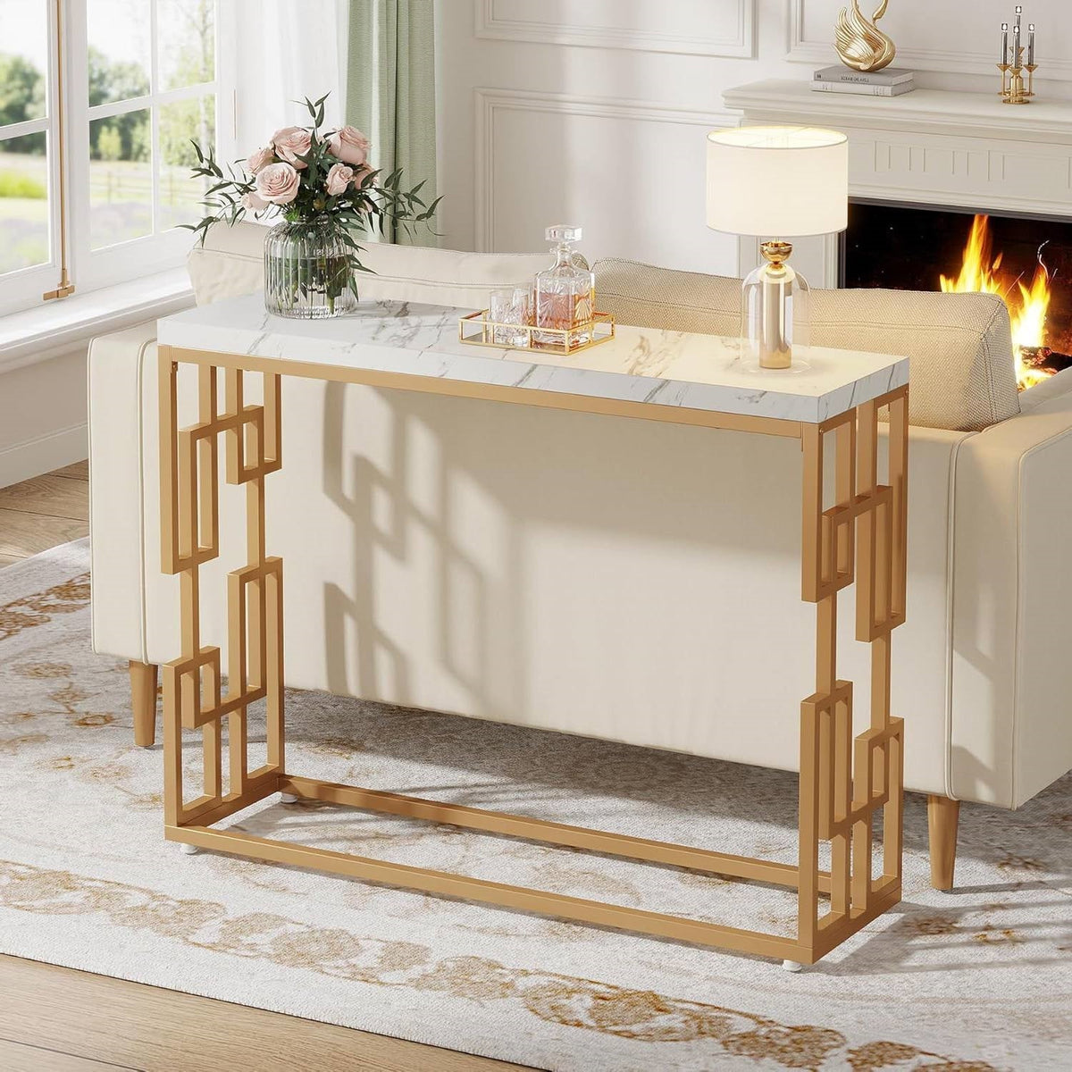 42-inch Modern Console Sofa Table with White Faux Marble Top and Gold Frame