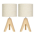 Set of 2 - Solid Wood Tripod Table Lamp with Beige Linen Drum Shade