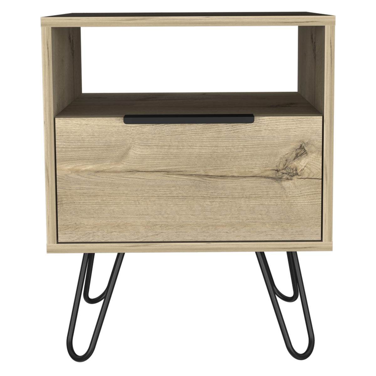 TUHOME Augusta Night Stand, Four Steel Legs, Two Shelves, One-Door Drawer-Light Oak, For Bedroom