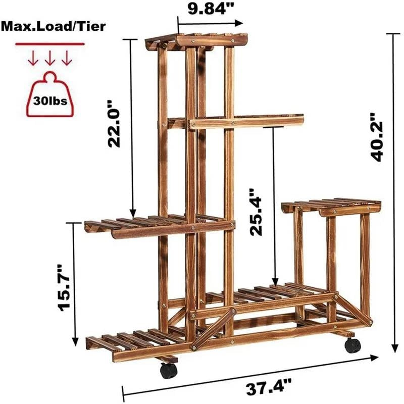 6-Shelf Portable Wooden Flower Pot Plant Stand with Locking Wheels