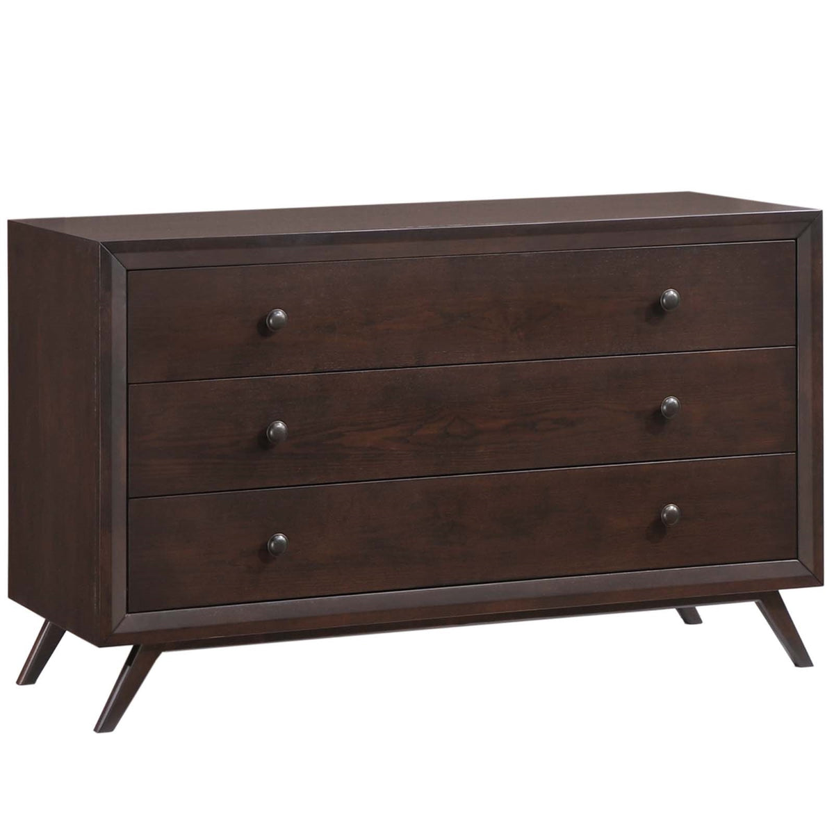 Tracy Vintage Midcentury Dresser  Toffee Brown Stain, 3 Drawers, Antique Metal Handles, Platform Legs. Requires Assembly.