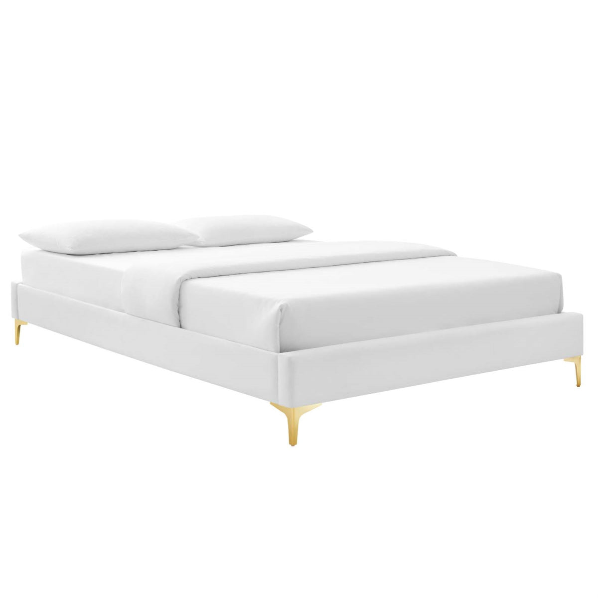 Sutton Performance Velvet Full Bed Frame  Stainresistant Upholstery, Wood Slat Support, Gold Metal Legs  White
