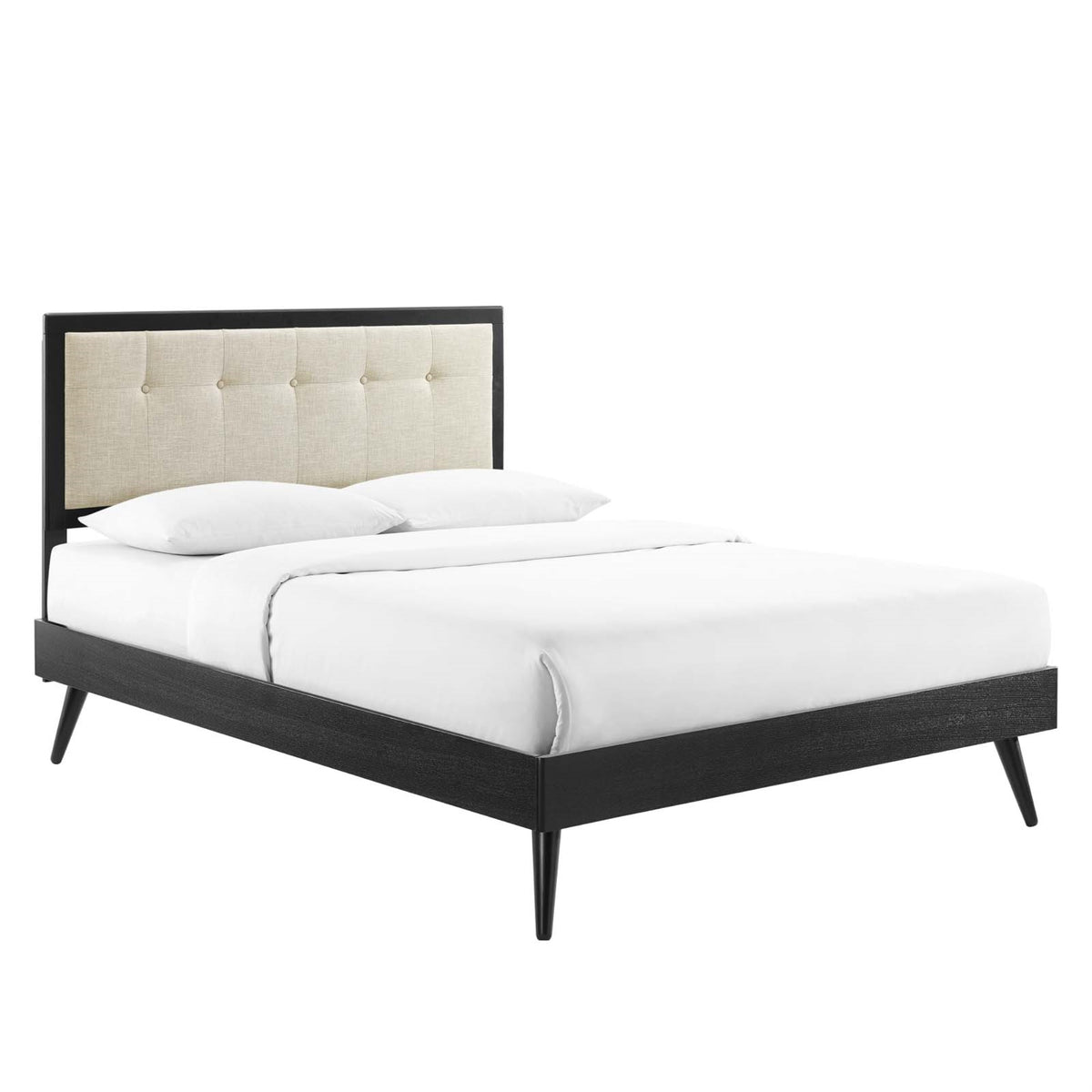 Willow Tufted Wood King Platform Bed  Modern Retro Design, Wood Frame, Button Tufted Headboard, Durable Construction, No Box Sp
