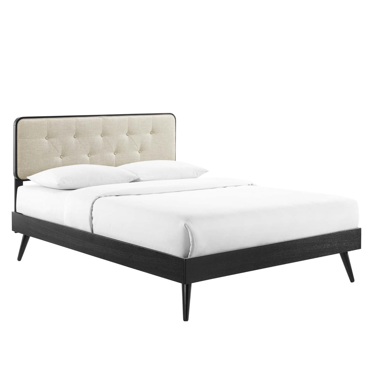Bridgette Tufted Wood King Platform Bed  Retro Charm, Midcentury Style, Button Tufted Headboard, Sturdy Splayed Legs, Wood Sla