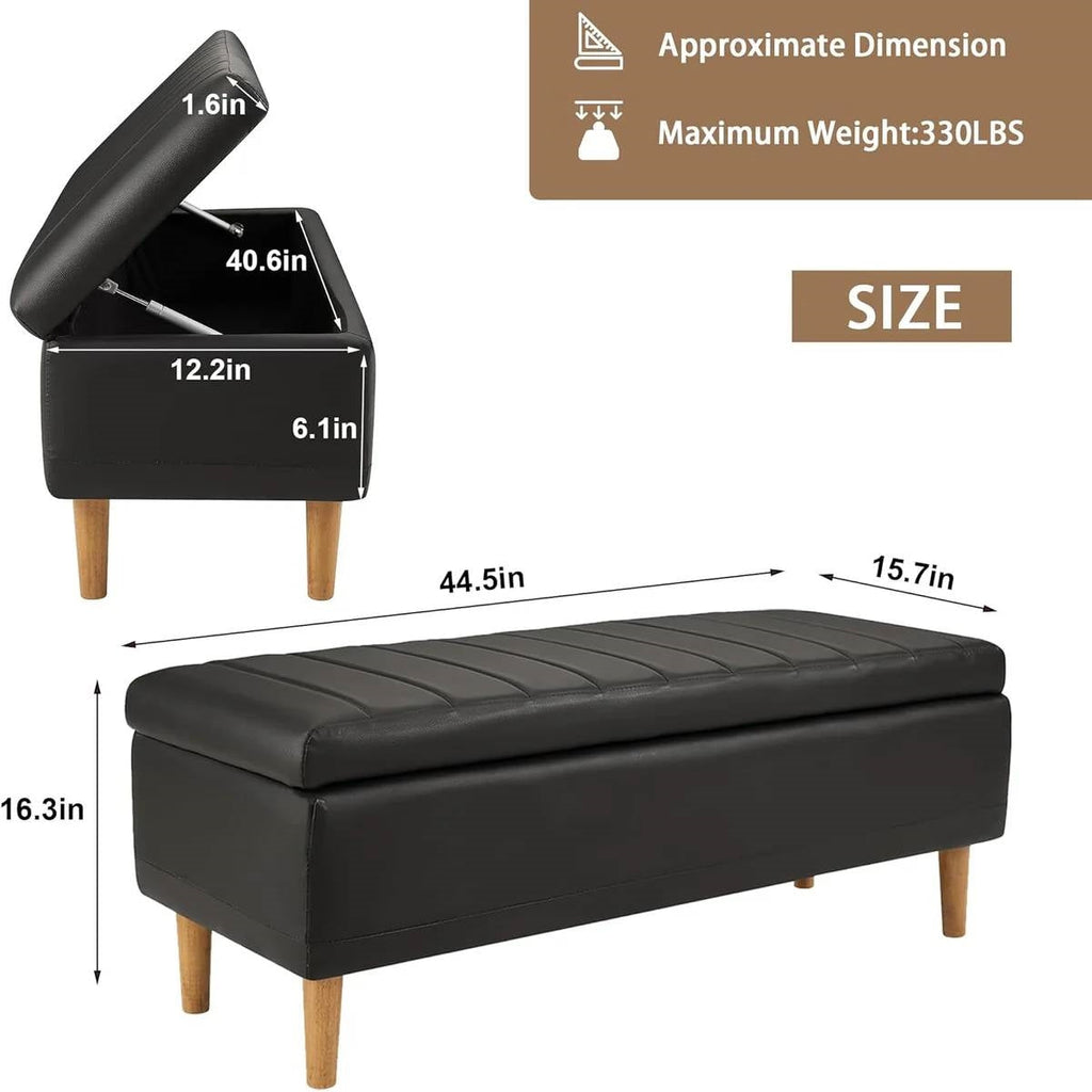 Modern Mid-Century Black Faux Leather End of Bed Storage Bench Ottoman