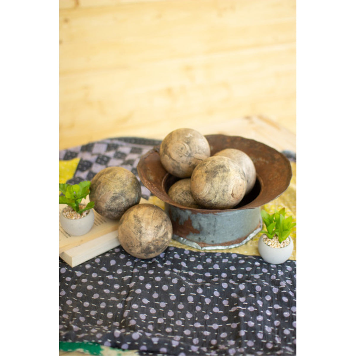 Set Of Six Hand Carved Mango Wood Spheres