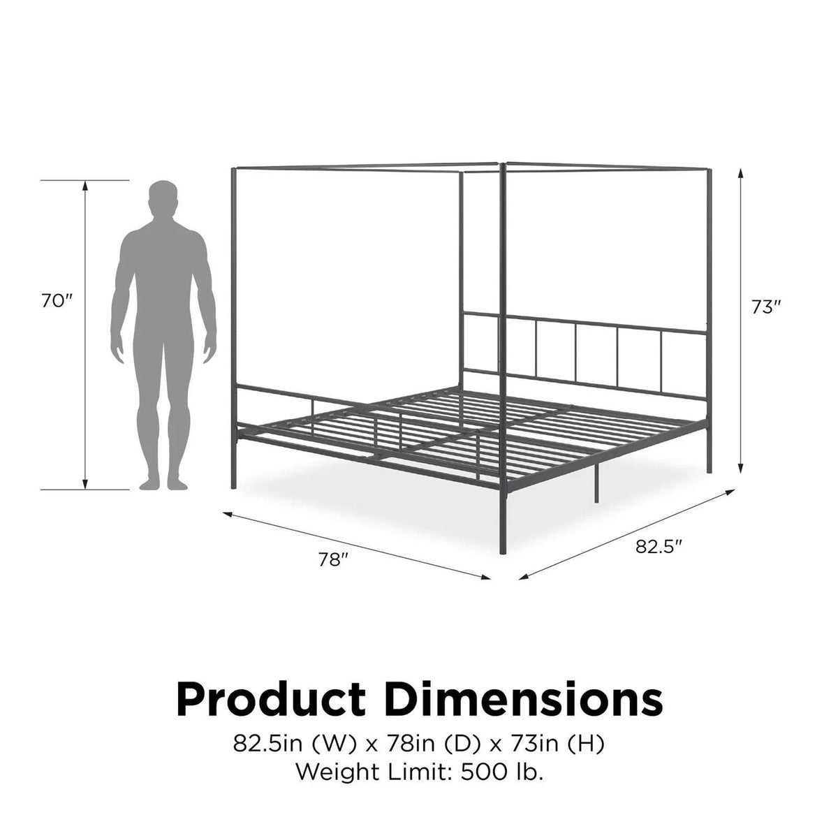 King size Dark Grey Metal Canopy Bed Frame with Headboard and Footboard