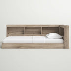 Twin size Natural Wood Corner Storage Bed with Bookcase Headboard and USB Ports