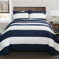 Twin Navy White Stripe 2 Piece Cotton Lightweight Quilt Set