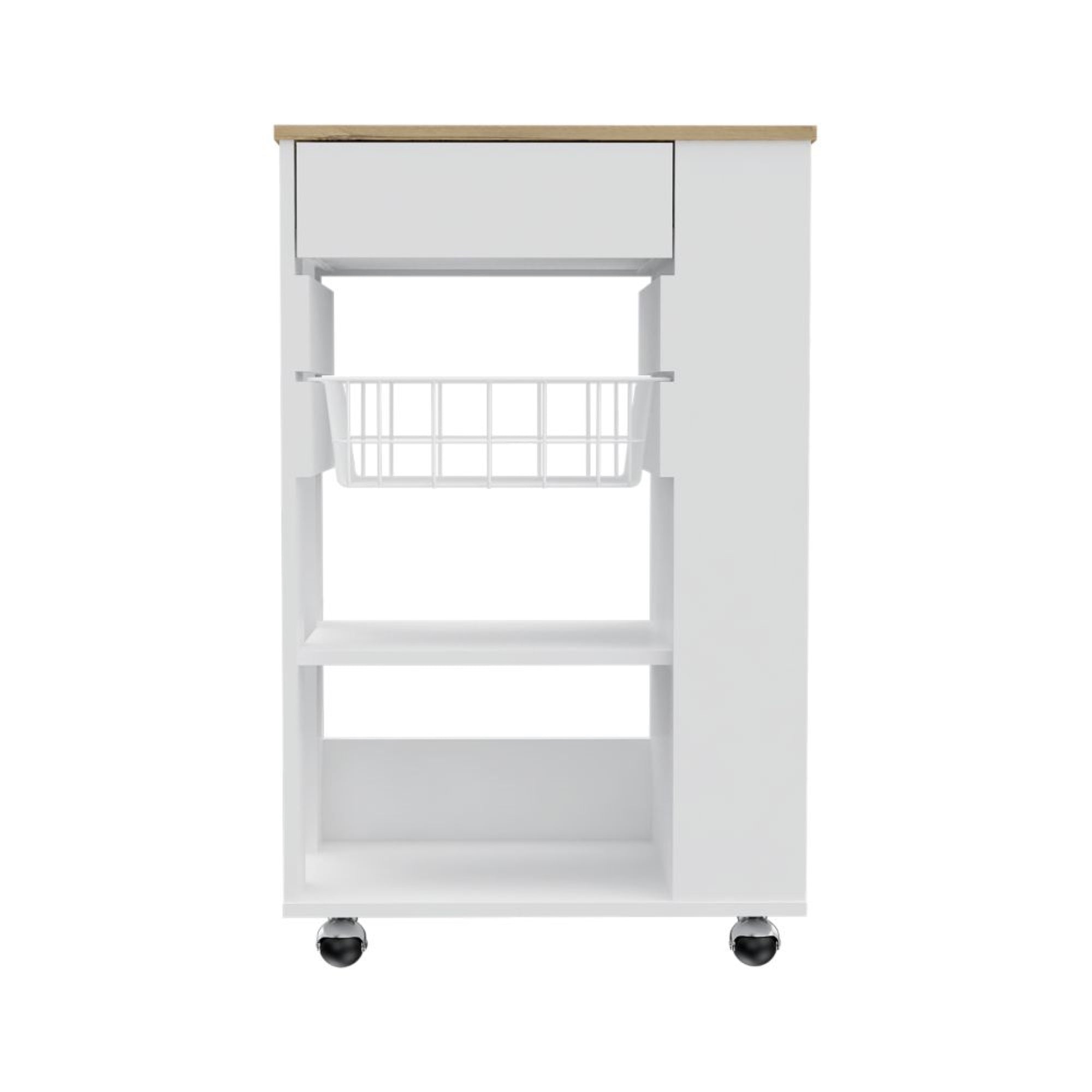 TUHOME Blosson Kitchen Cart,  One Drawer, Two Open Shelves, Rack, Four Caster Wheels-White-Light Oak, For Kitchen Room