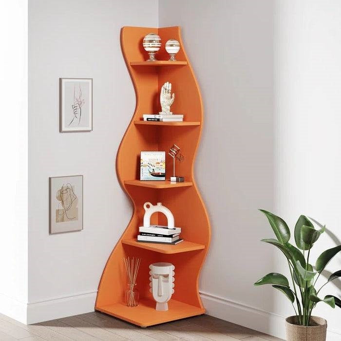 Modern Wave Shape 5 Shelf Corner Bookcase in Orange Wood Finish
