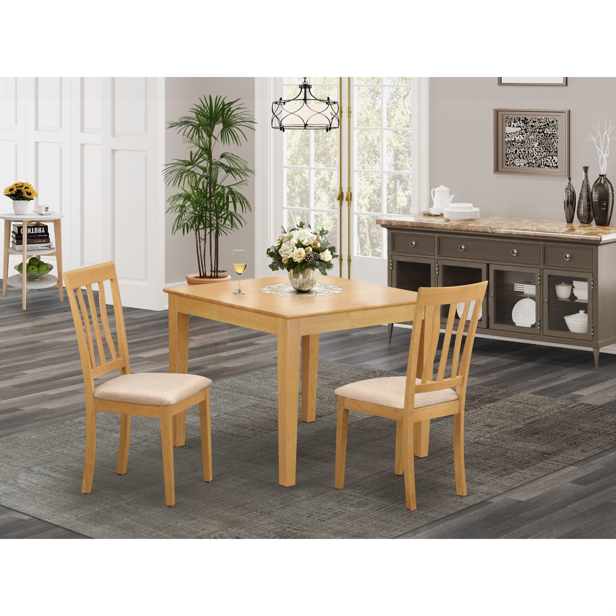 East West Furniture OXAN3-OAK-C 3 Piece Dining Table Set for Small Spaces Contains a Square Dining Room Table and 2 Linen Fabric Upholstered Chairs, 36x36 Inch, Oak