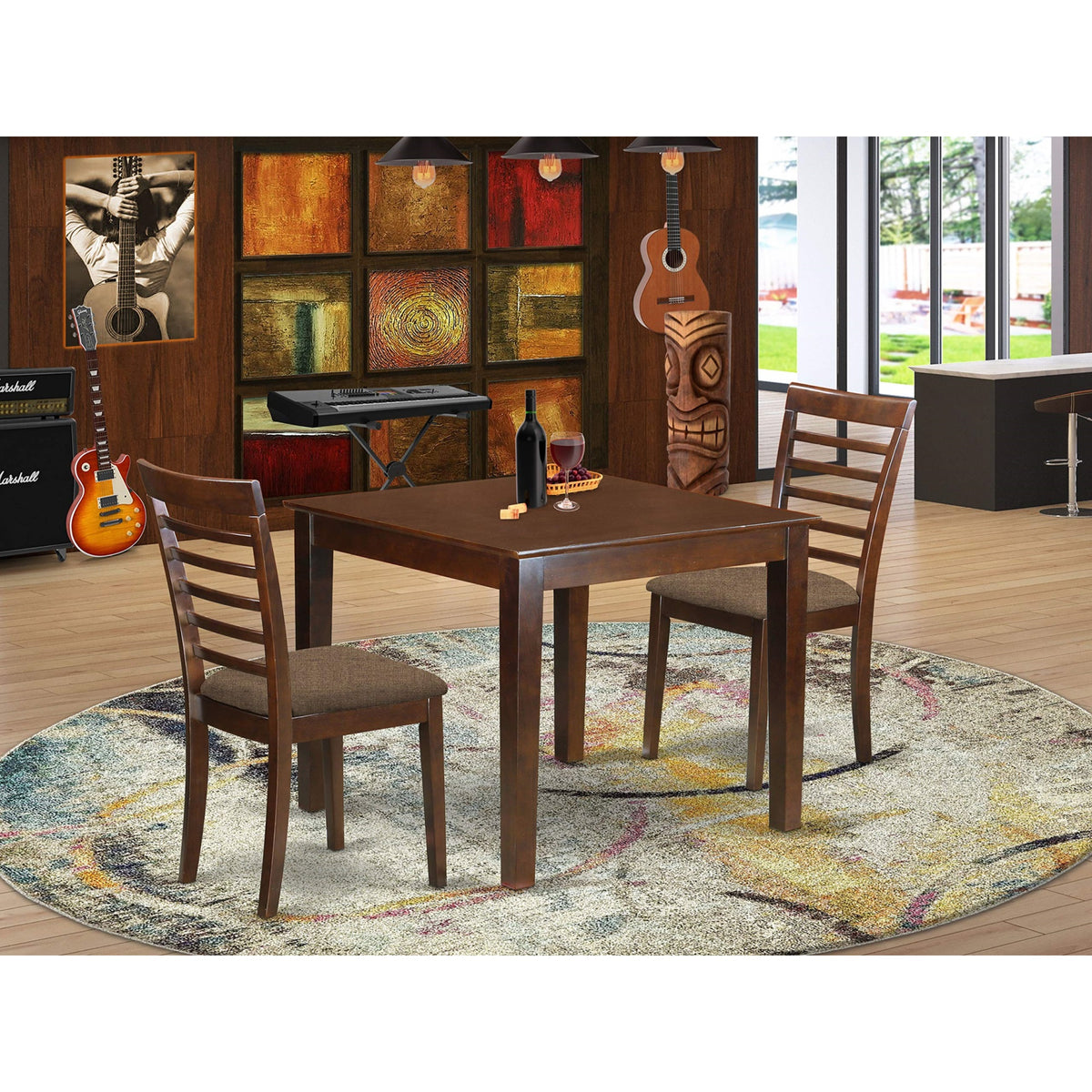 East West Furniture Oxford 3 Piece Modern Set Contains a Square Wooden Table and 2 Dining Room Chairs, 36x36 Inch, Mahogany