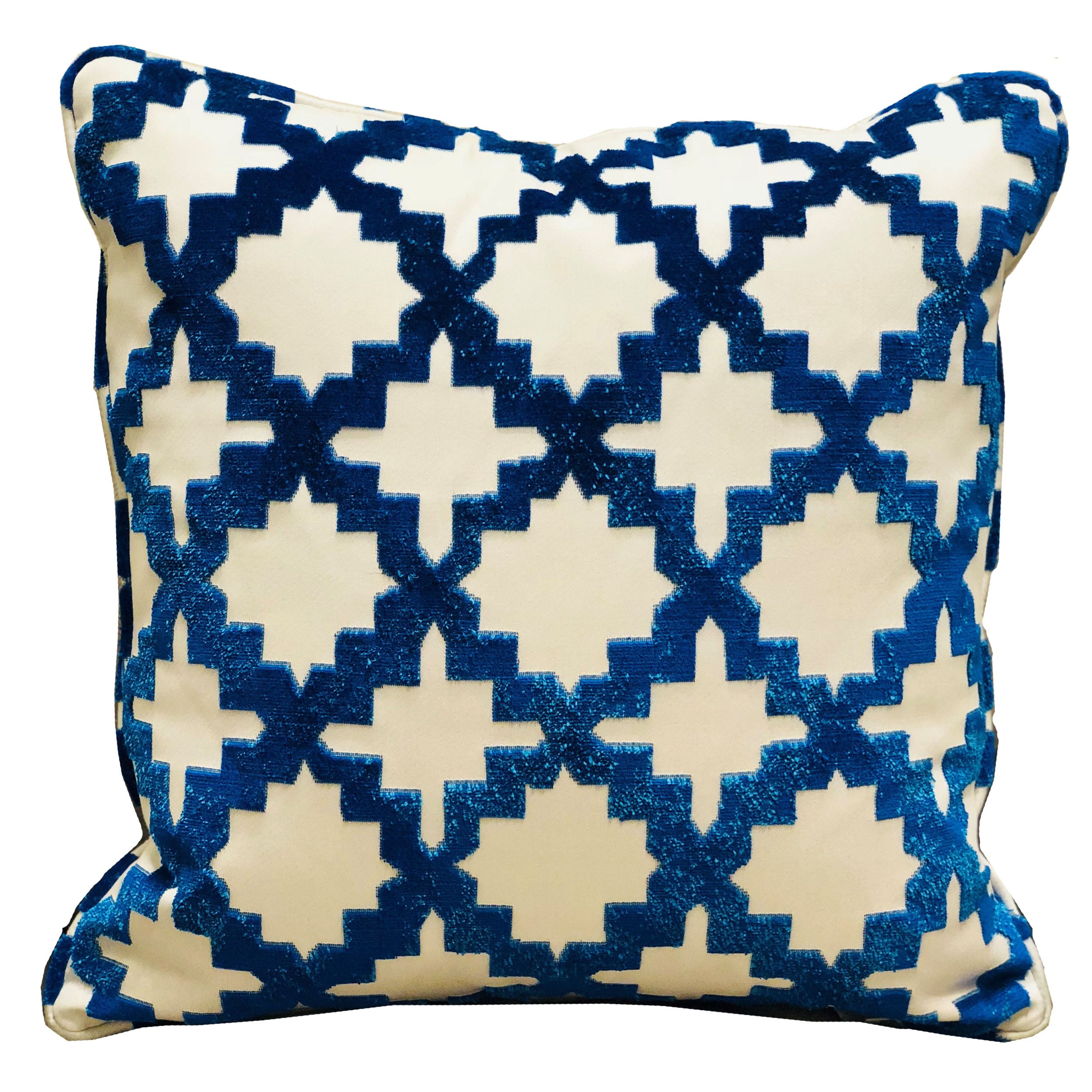 Plutus Velvety French Medallion Blue And Off White Geometric Luxury Throw Pillow Double Sided  18' X 18'