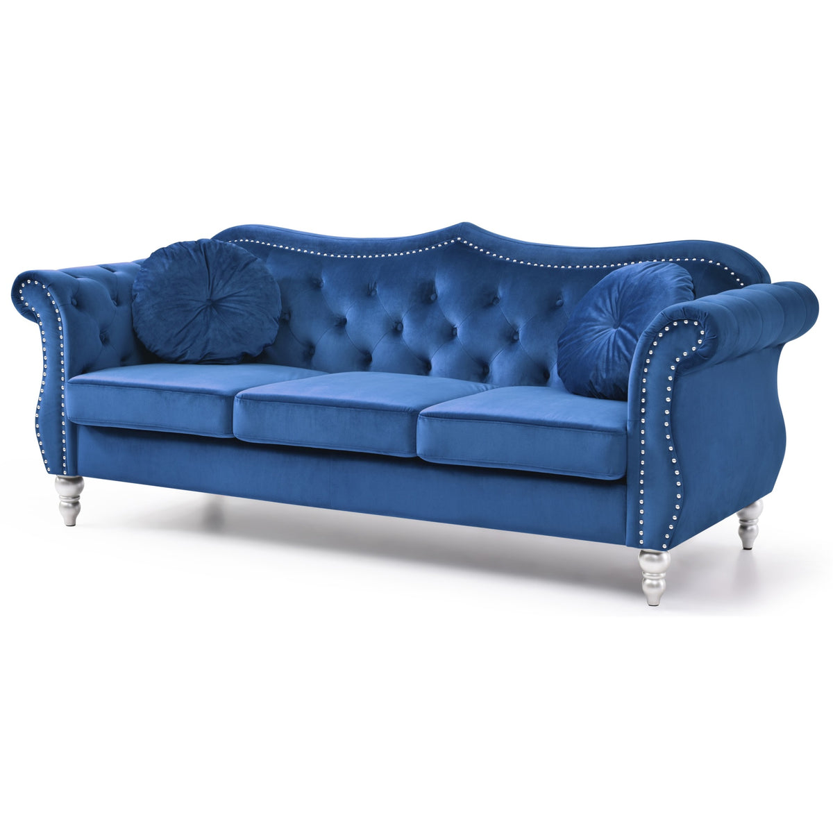 Hollywood 82 In. Navy Blue Velvet Chesterfield 3Seater Sofa With 2Throw Pillow