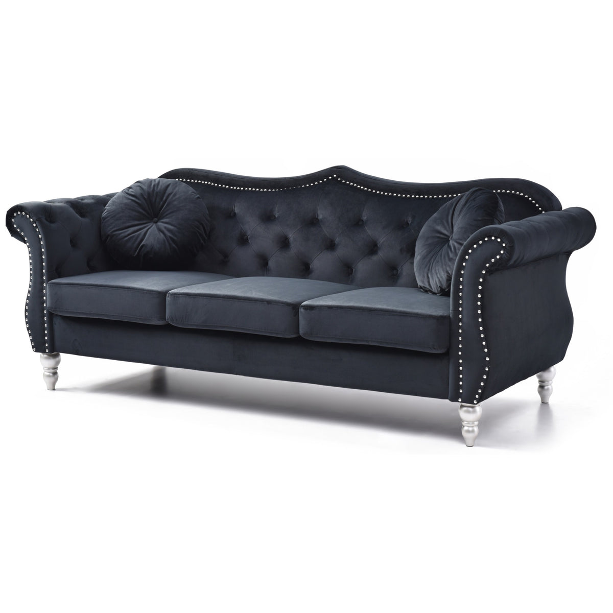 Hollywood 82 In. Black Velvet Chesterfield 3Seater Sofa With 2Throw Pillow