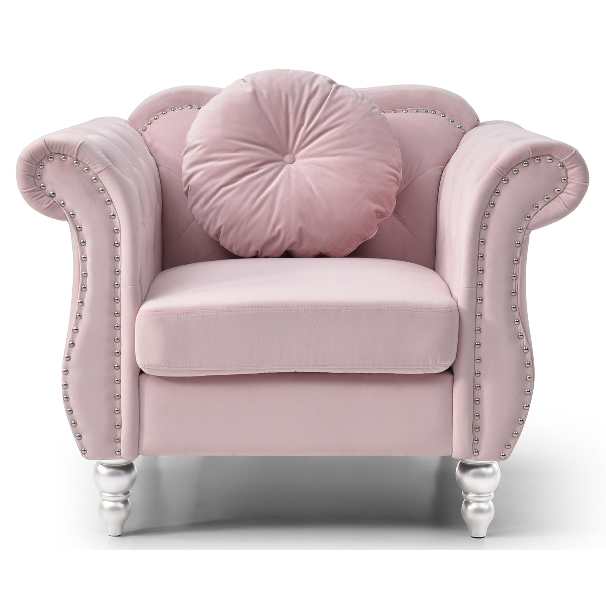 Hollywood Pink Chesterfield Tufted Velvet Accent Chair With Round Throw Pillow