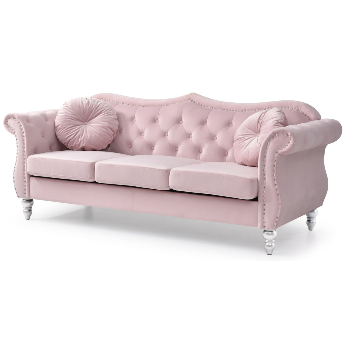 Hollywood 82 In. Pink Velvet Chesterfield 3Seater Sofa With 2Throw Pillow