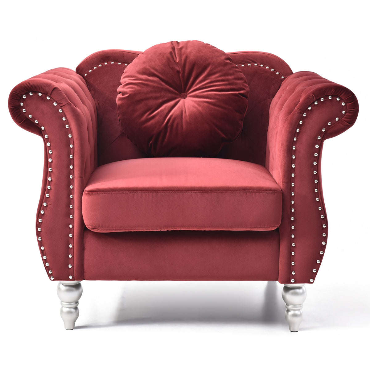 Hollywood Burgundy Chesterfield Tufted Velvet Accent Chair With Round Throw Pillow