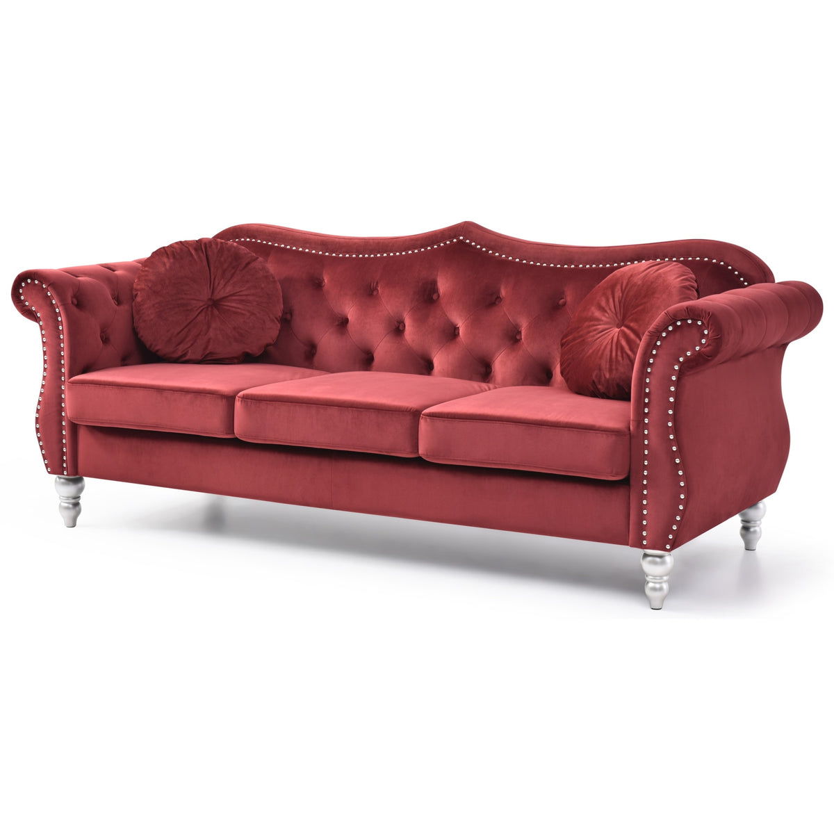Hollywood 82 In. Burgundy Velvet Chesterfield 3Seater Sofa With 2Throw Pillow