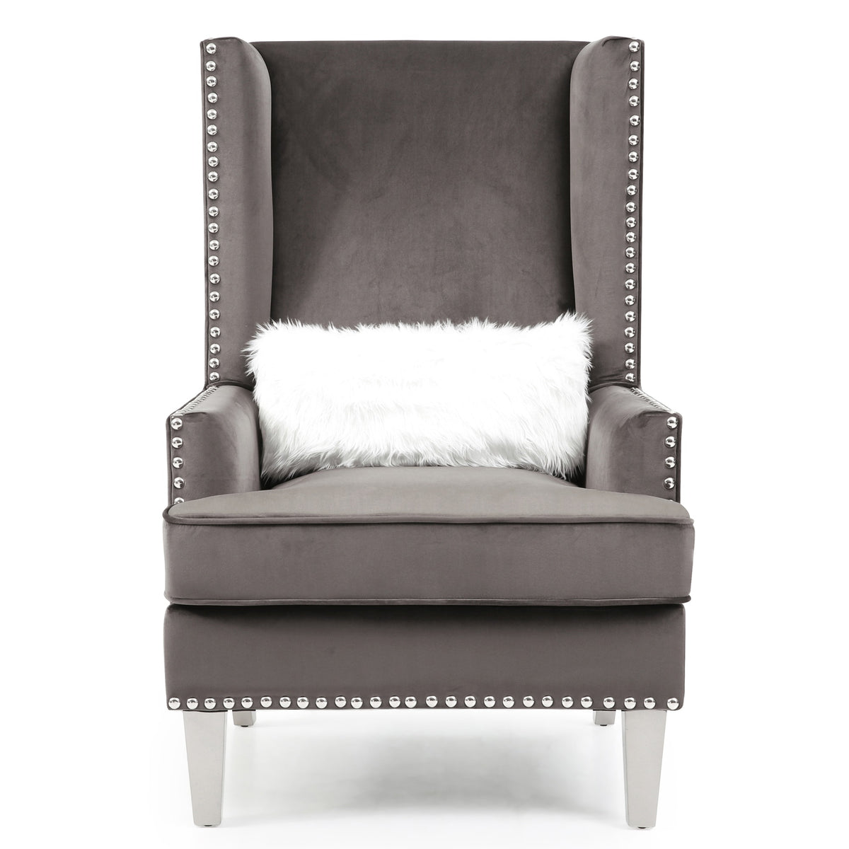 Wilshire Dark Gray High Back Velvet Accent Chair With Faux Fur Pillow
