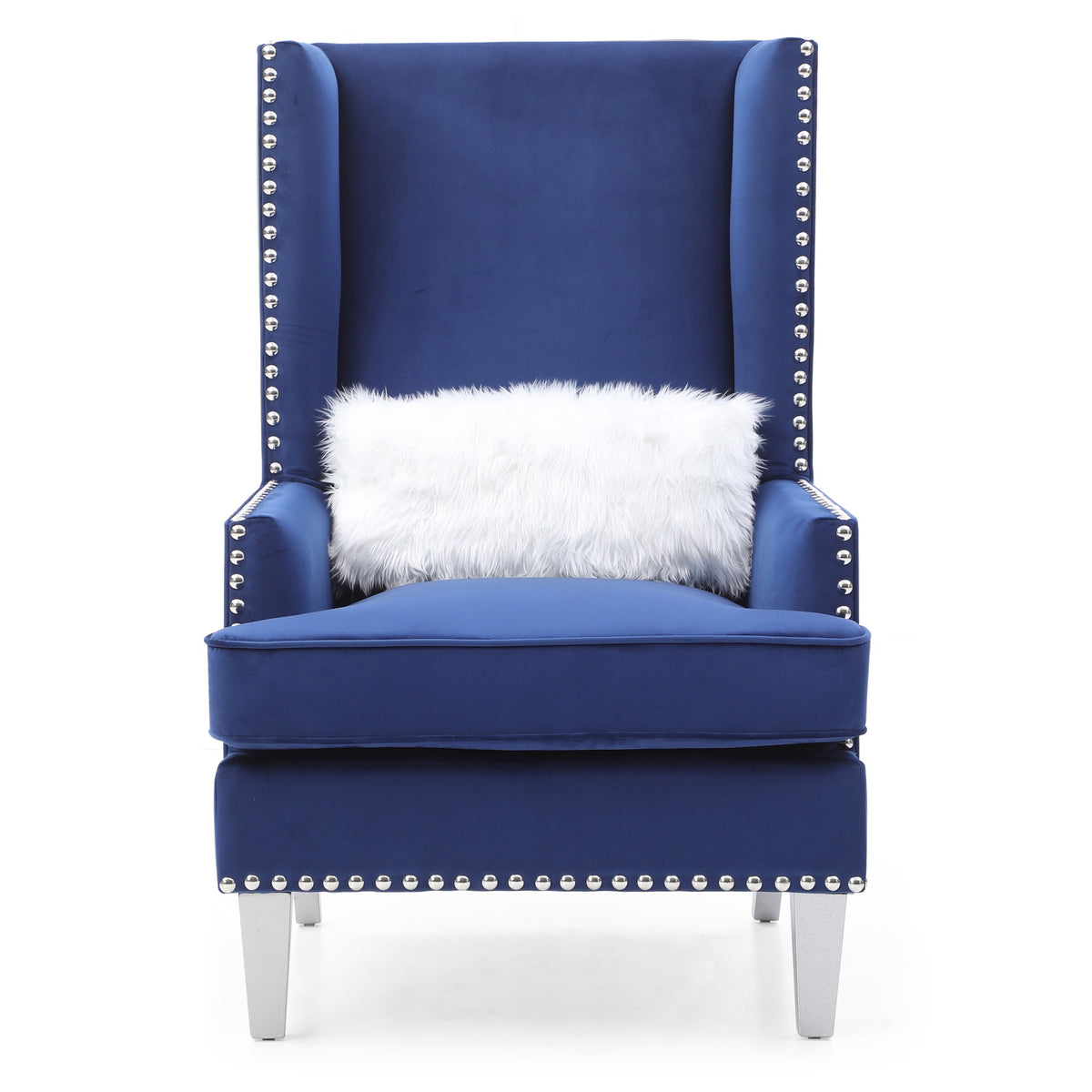 Wilshire Blue High Back Velvet Accent Chair With Faux Fur Pillow