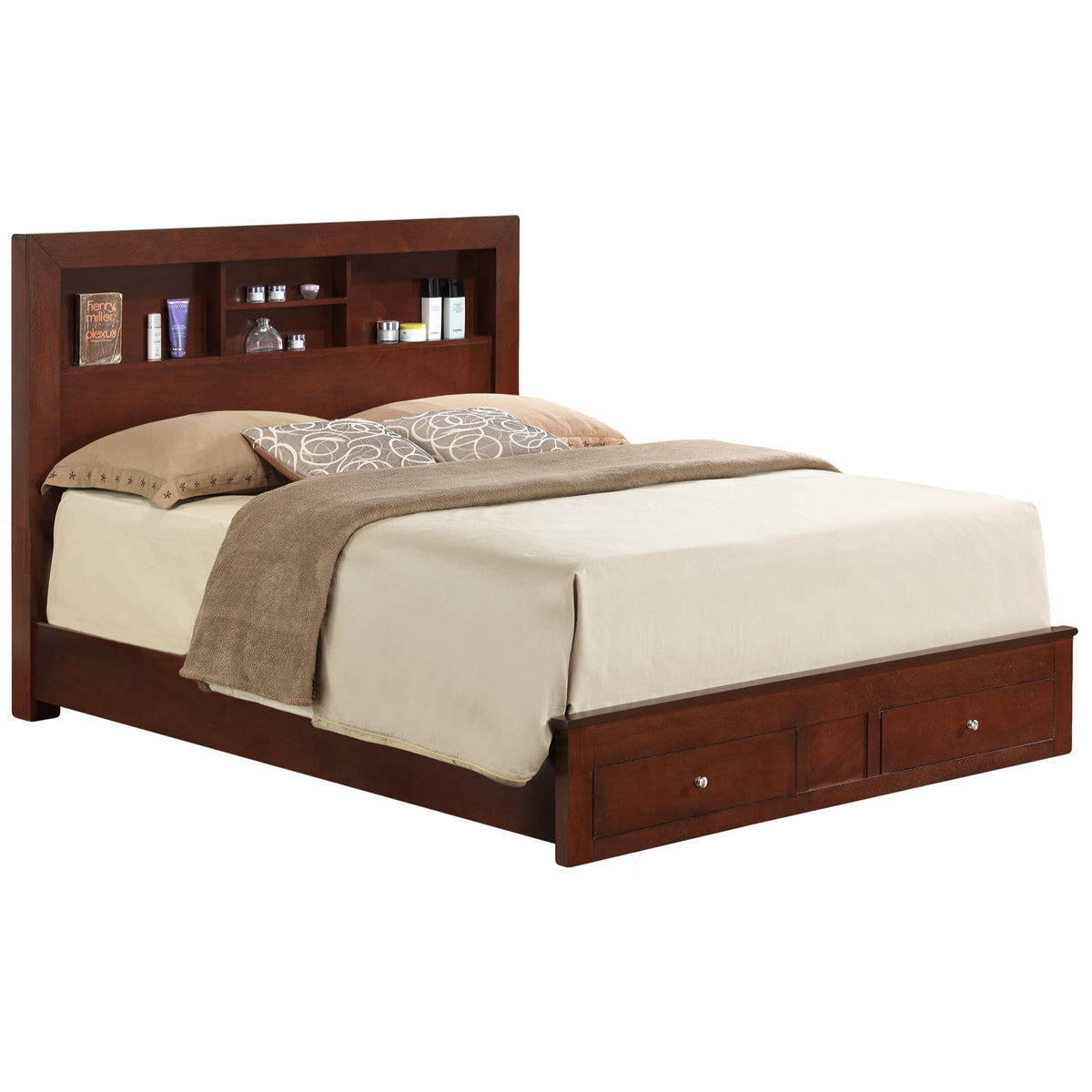 Burlington Cherry King Storage Platform Bed With Built In Shelves And Two Footboard Drawers