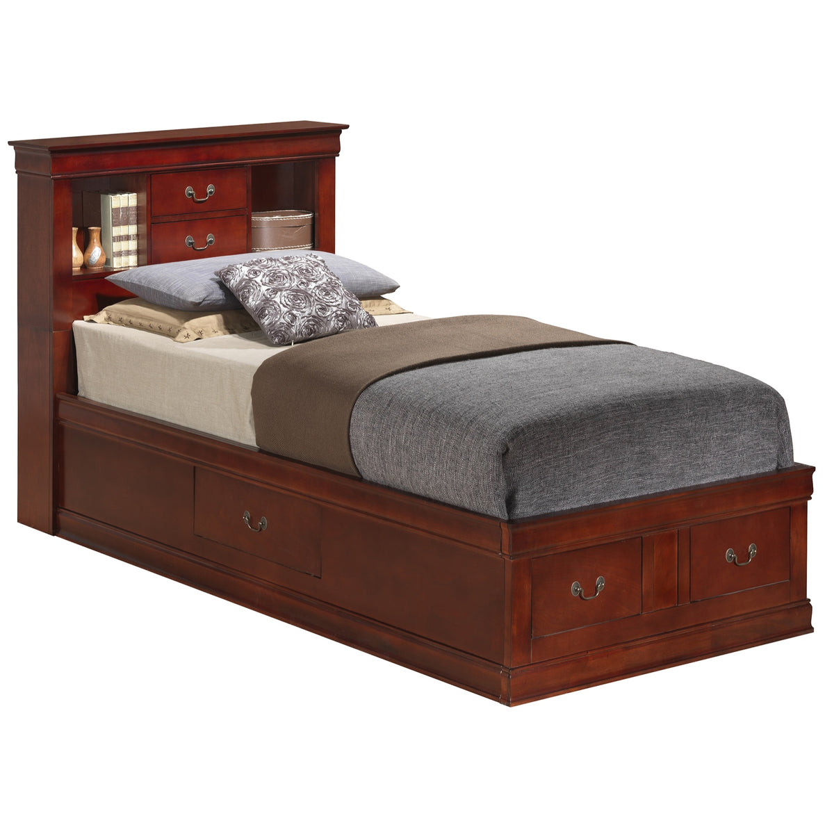 Louis Philippe Cherry Twin Storage Platform Bed With 6 Storage Drawers