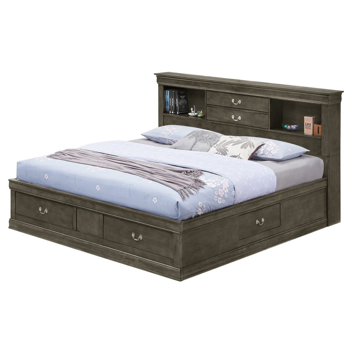 Louis Philippe Gray King Storage Platform Bed