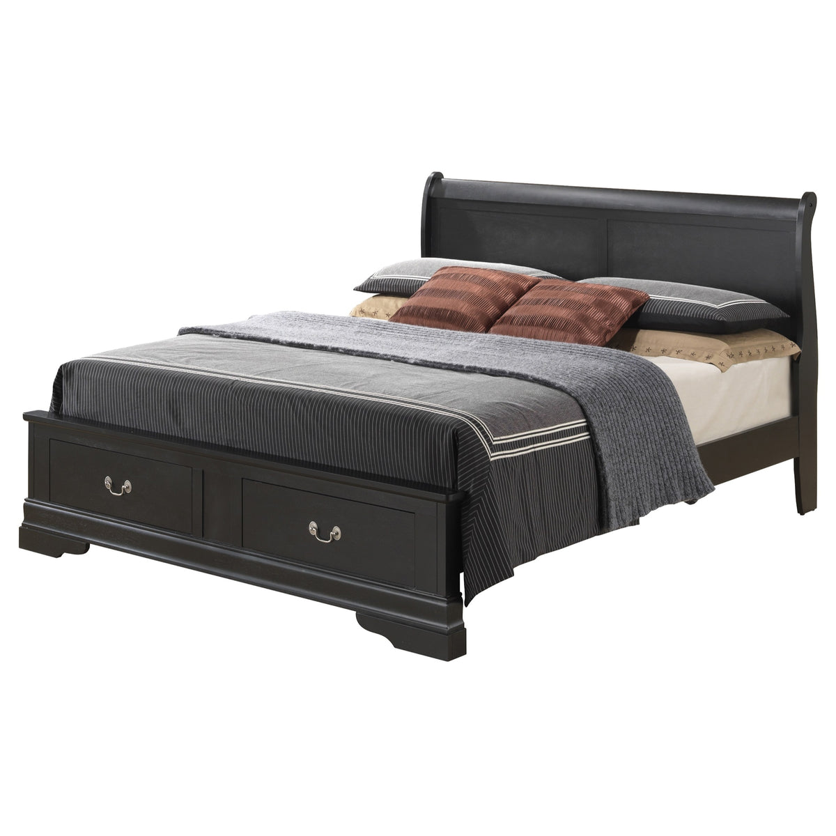 Louis Philippe Black King Storage Wood Panel Bed