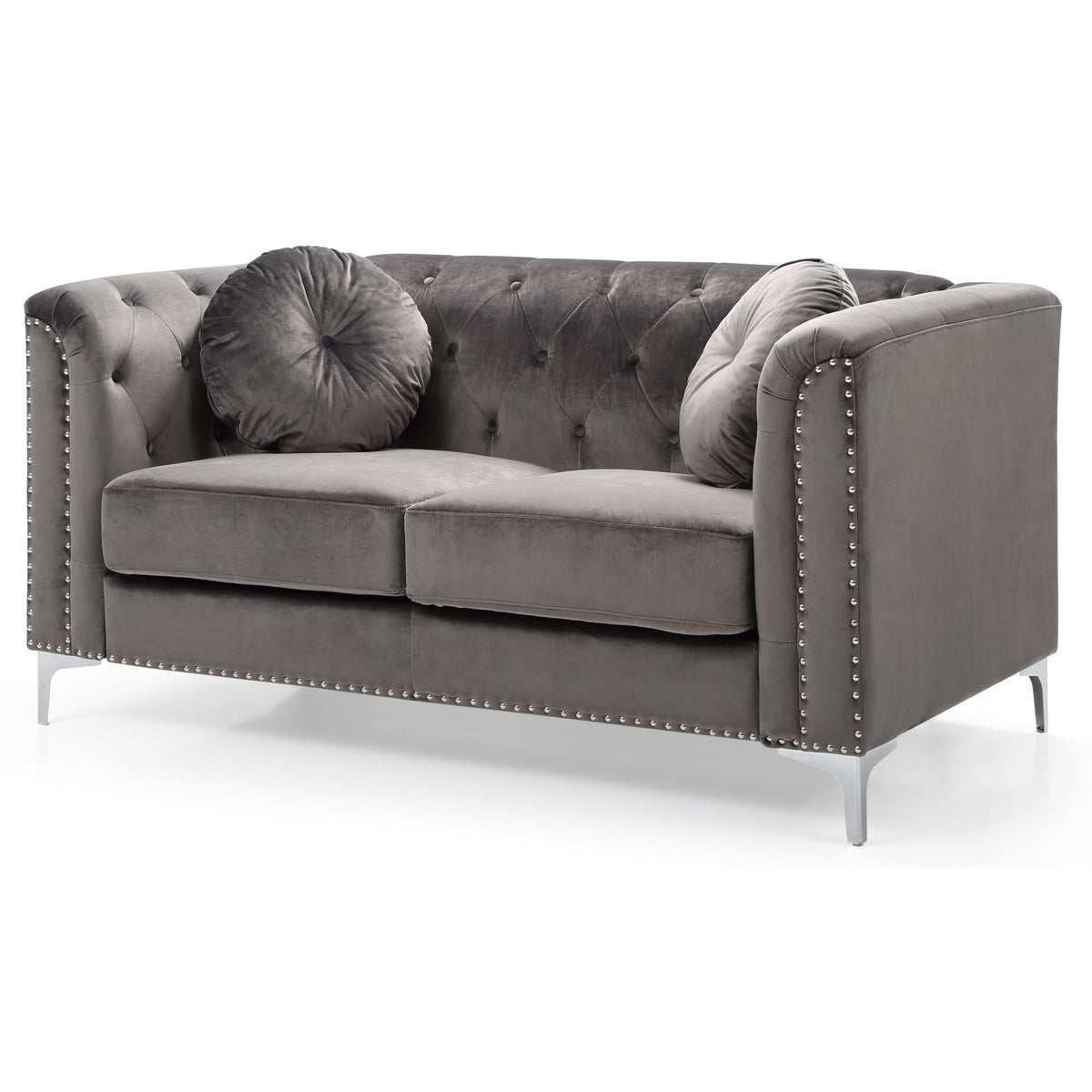 Pompano 62 In. Dark Gray Velvet 2Seater Sofa With 2Throw Pillow