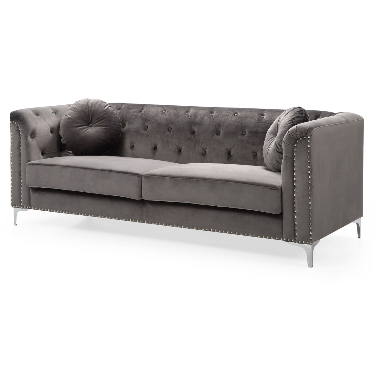 Pompano 83 In. Dark Gray Tufted Velvet Loveseat With 2Throw Pillow