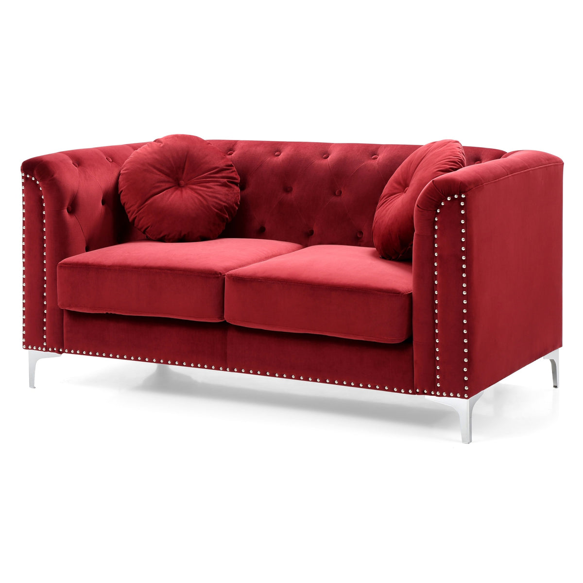 Pompano 62 In. Burgundy Velvet 2Seater Sofa With 2Throw Pillow