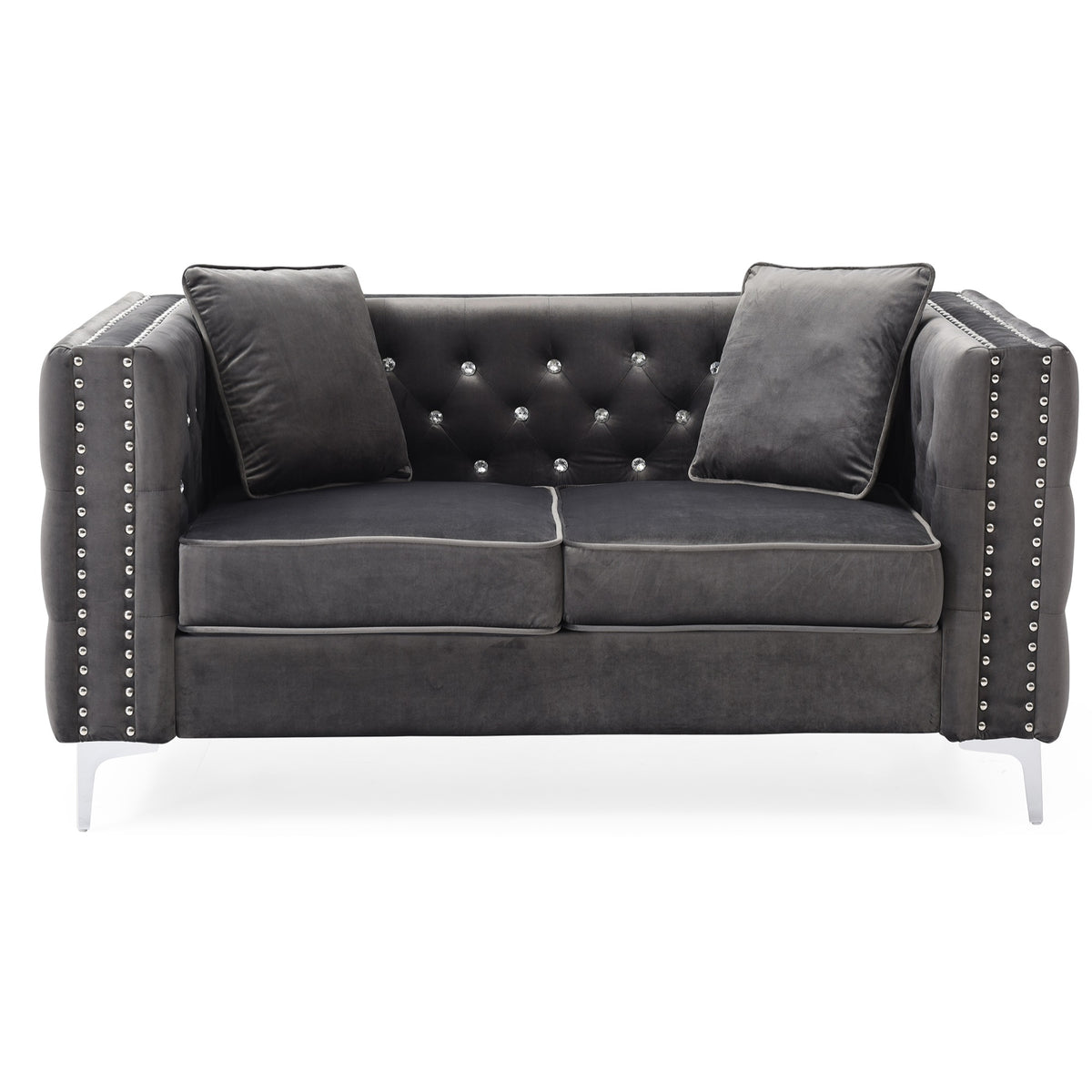 Paige 86 In. Gray Velvet 3Seater Sofa With 2Throw Pillow