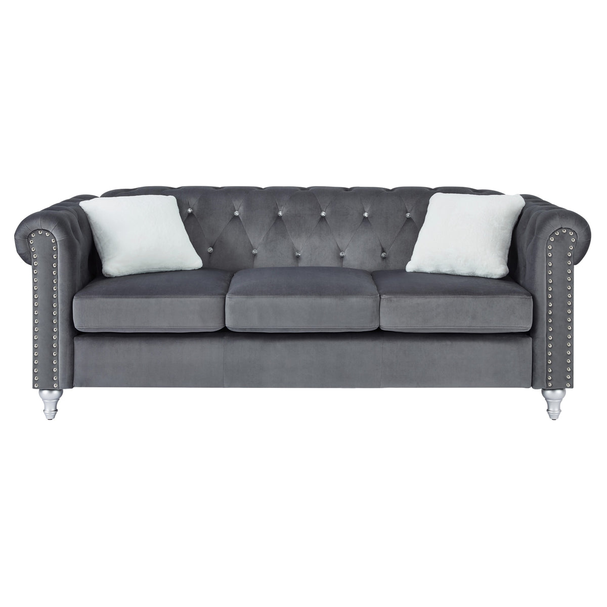 Raisa 83 In. Gray Velvet 3Seater Sofa With 2Throw Pillow