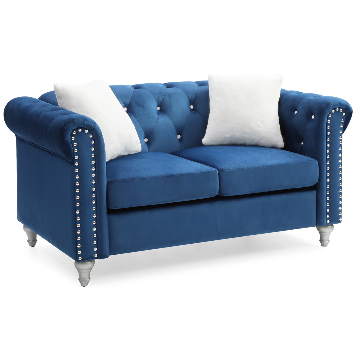 Raisa 60 In. Navy Blue Velvet 2Seater Sofa With 2Throw Pillow
